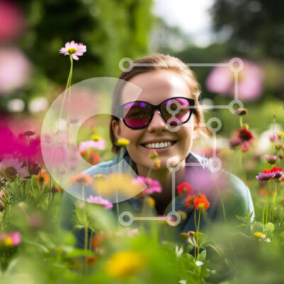 Intra Συλλεκτικό Ξύλινο Παζλ Plywood  4mm - Όμορφη εικόνα μιας γυναίκας σε ένα χωράφι με λουλούδια με γυαλιά ηλίου Σε Ξύλινο Κουτί - Διαστάσεις Puzzle: 10x10 cm – 25 κομμάτια - Image 1