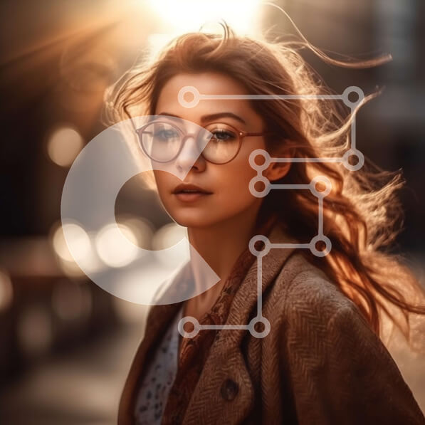 Intra Συλλεκτικό Ξύλινο Παζλ Plywood  4mm - Στοχαστική νεαρή γυναίκα με γυαλιά στην οδό της πόλης Σε Ξύλινο Κουτί - Διαστάσεις Puzzle: 10x10 cm – 25 κομμάτια