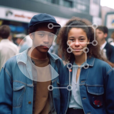 Intra Συλλεκτικό Ξύλινο Παζλ Plywood  4mm - Ευτυχισμένο ζευγάρι στο δρόμο της πόλης φορώντας τζιν και δερμάτινα μπουφάν Σε Ξύλινο Κουτί - Διαστάσεις Puzzle: 10x10 cm – 25 κομμάτια - Image 1