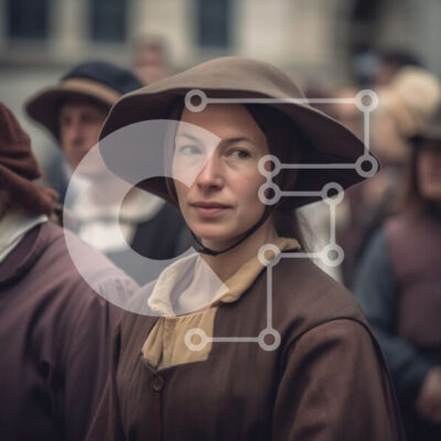 Intra Συλλεκτικό Ξύλινο Παζλ Plywood  4mm - Γυναίκα με καφέ καπέλο και φόρεμα ανάμεσα σε μια ομάδα ανθρώπων με ρούχα περιόδου Σε Ξύλινο Κουτί - Διαστάσεις Puzzle: 10x10 cm – 25 κομμάτια - Image 1