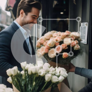 Intra Συλλεκτικό Ξύλινο Παζλ Plywood  4mm - Άνθρωπος με τριαντάφυλλα έξω από ένα ανθοπωλείο Σε Ξύλινο Κουτί - Διαστάσεις Puzzle: 10x10 cm – 25 κομμάτια