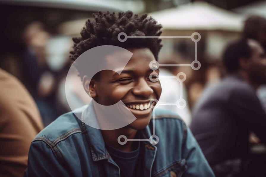 Intra Συλλεκτικό Ξύλινο Παζλ Plywood  4mm - Ευτυχισμένος μαύρος άνδρας με τζιν μπουφάν με φίλους στο βάθος Σε Ξύλινο Κουτί - Διαστάσεις Puzzle: 10x10 cm – 25 κομμάτια