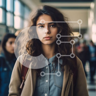 Intra Συλλεκτικό Ξύλινο Παζλ Plywood  4mm - Νεαρή γυναίκα με καφέ σακάκι που στέκεται στη μέση του πολυσύχναστου τερματικού αεροδρομίου Σε Ξύλινο Κουτί - Διαστάσεις Puzzle: 10x10 cm – 25 κομμάτια - Image 1