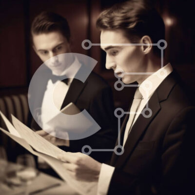 Intra Συλλεκτικό Ξύλινο Παζλ Plywood  4mm - Άντρες με μαύρα κοστούμια και λευκά πουκάμισα που κοιτάζουν το μενού στο δωμάτιο με χαμηλό φωτισμό Σε Ξύλινο Κουτί - Διαστάσεις Puzzle: 10x10 cm – 25 κομμάτια - Image 1