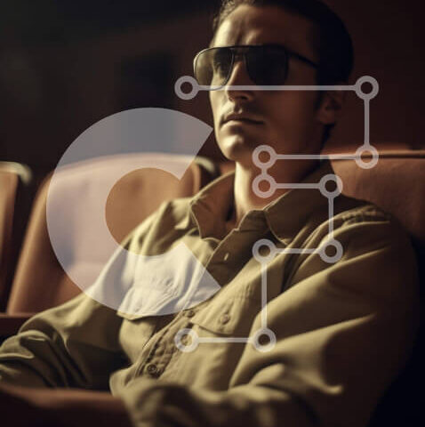 Intra Συλλεκτικό Ξύλινο Παζλ Plywood  4mm - Cool τύπος με γυαλιά ηλίου βλέποντας ταινία στο θέατρο Σε Ξύλινο Κουτί - Διαστάσεις Puzzle: 10x10 cm – 25 κομμάτια - Image 1