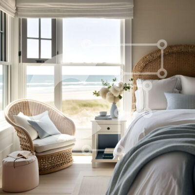 Intra Συλλεκτικό Ξύλινο Παζλ Plywood  4mm - Εκπληκτικό υπνοδωμάτιο με θέα στον ωκεανό, λευκό κρεβάτι και μπλε πινελιές Σε Ξύλινο Κουτί - Διαστάσεις Puzzle: 10x10 cm – 25 κομμάτια - Image 1