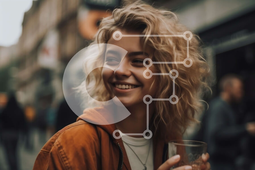 Intra Συλλεκτικό Ξύλινο Παζλ Plywood  4mm - Ευτυχισμένη γυναίκα που απολαμβάνει το κρασί μια ηλιόλουστη μέρα στην πόλη Σε Ξύλινο Κουτί - Διαστάσεις Puzzle: 10x10 cm – 25 κομμάτια