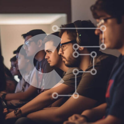 Intra Συλλεκτικό Ξύλινο Παζλ Plywood 4mm - Νεαροί άνδρες που εργάζονται σε υπολογιστές με ακουστικά σε δωμάτιο με χαμηλό φωτισμό Σε Ξύλινο Κουτί - Διαστάσεις Puzzle: 10x10 cm – 25 κομμάτια - Image 1