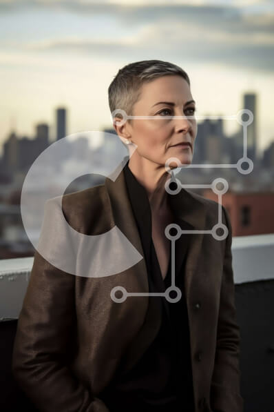 Intra Συλλεκτικό Ξύλινο Παζλ Plywood  4mm - Εκπληκτική θέα στον ορίζοντα της πόλης με γυναίκα με καφέ δερμάτινο μπουφάν στην ταράτσα Σε Ξύλινο Κουτί - Διαστάσεις Puzzle: 10x10 cm – 25 κομμάτια