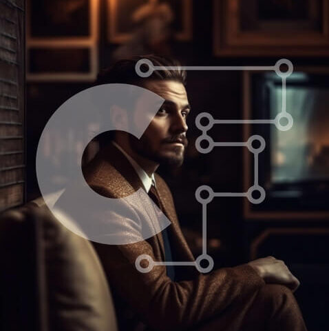 Intra Συλλεκτικό Ξύλινο Παζλ Plywood  4mm - Πορτρέτο ενός άνδρα με καφέ κοστούμι και γραβάτα που κάθεται σε έναν καναπέ σε ένα δωμάτιο με χαμηλό φωτισμό Σε Ξύλινο Κουτί - Διαστάσεις Puzzle: 10x10 cm – 25 κομμάτια - Image 1