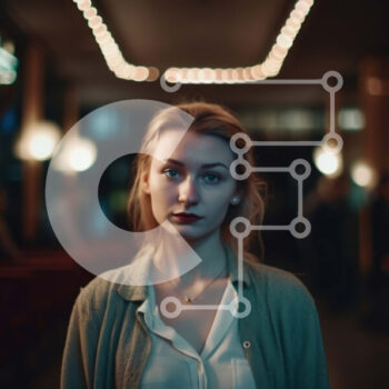 Intra Συλλεκτικό Ξύλινο Παζλ Plywood  4mm - Ξανθιά γυναίκα με πράσινο πουλόβερ που στέκεται σε αμυδρά φωτισμένο δωμάτιο με πολυέλαιο Σε Ξύλινο Κουτί - Διαστάσεις Puzzle: 10x10 cm – 25 κομμάτια - Image 1