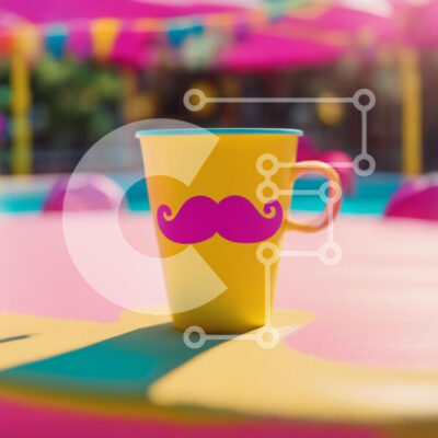 Intra Συλλεκτικό Ξύλινο Παζλ Plywood  4mm - Κίτρινο κύπελλο με ροζ μουστάκι αυτοκόλλητο σε πολύχρωμο τραπέζι Σε Ξύλινο Κουτί - Διαστάσεις: 10x10 cm – 25 κομμάτια - Image 1