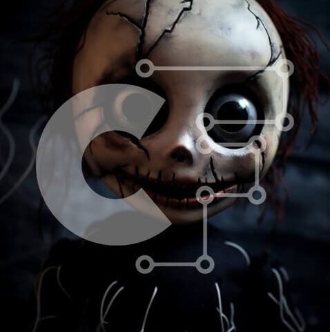 Intra Συλλεκτικό Ξύλινο Παζλ Plywood  4mm - Ανατριχιαστική κούκλα με μαύρα μαλλιά και κόκκινα μάτια Σε Ξύλινο Κουτί - Διαστάσεις Puzzle: 10x10 cm – 25 κομμάτια - Image 1