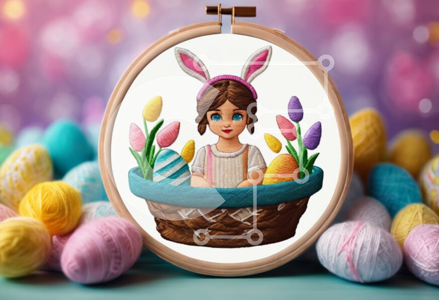 Intra Συλλεκτικό Ξύλινο Παζλ Plywood  4mm - Κέντημα κοριτσιού με αυτιά λαγουδάκι σε πασχαλινό καλάθι με αυγά Σε Ξύλινο Κουτί - Διαστάσεις: 10x10 cm – 25 κομμάτια