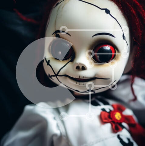 Intra Συλλεκτικό Ξύλινο Παζλ Plywood  4mm - Ανατριχιαστική κούκλα με κόκκινα μαλλιά και μαύρα μάτια Σε Ξύλινο Κουτί - Διαστάσεις Puzzle: 10x10 cm – 25 κομμάτια - Image 1