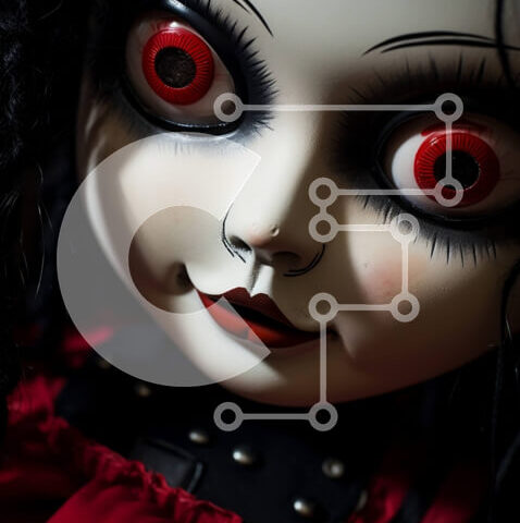 Intra Συλλεκτικό Ξύλινο Παζλ Plywood  4mm - Ανατριχιαστική κούκλα με κόκκινα μάτια και μαύρα μαλλιά Σε Ξύλινο Κουτί - Διαστάσεις Puzzle: 10x10 cm – 25 κομμάτια - Image 1