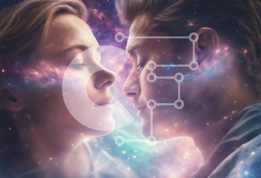 Intra Συλλεκτικό Ξύλινο Παζλ Plywood  4mm - Ζευγάρι που κοιτάζει ο ένας τον άλλο με κλειστά μάτια, περιτριγυρισμένο από αστέρια και γαλαξίες Σε Ξύλινο Κουτί - Διαστάσεις Puzzle: 10x10 cm – 25 κομμάτια