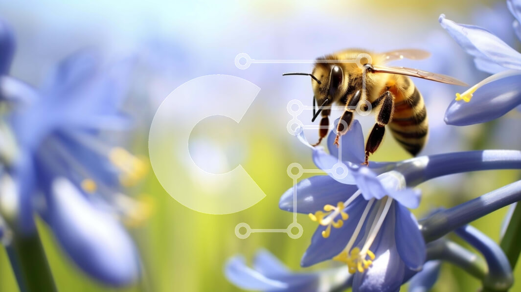 Intra Συλλεκτικό Ξύλινο Παζλ Plywood  4mm - Μέλισσα σε μπλε λουλούδια που επικονιάζει ή μαζεύει νέκταρ Σε Ξύλινο Κουτί - Διαστάσεις: 10x10 cm – 25 κομμάτια