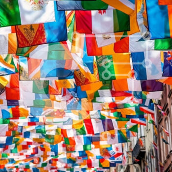 Intra Συλλεκτικό Ξύλινο Παζλ Plywood  4mm - Πολύχρωμες σημαίες που κρέμονται από κτίρια στην ευρωπαϊκή πόλη Σε Ξύλινο Κουτί - Διαστάσεις Puzzle: 10x10 cm – 25 κομμάτια - Image 1