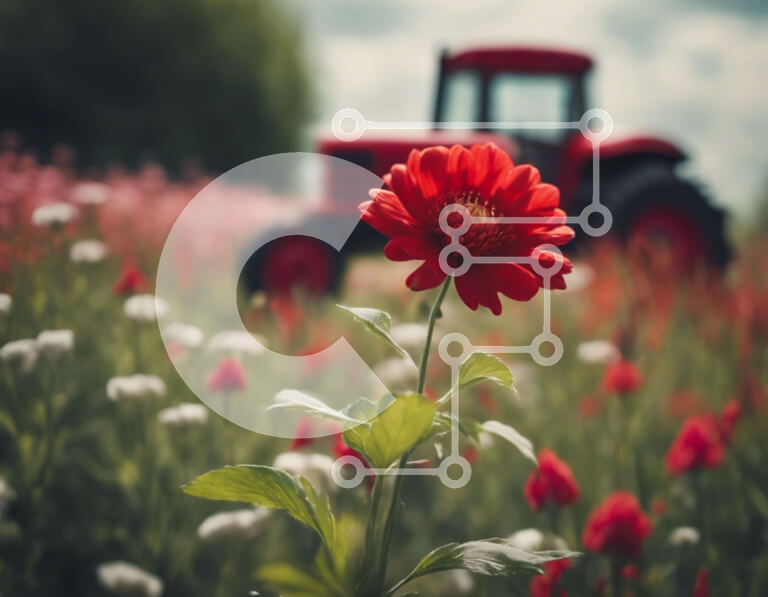 Intra Συλλεκτικό Ξύλινο Παζλ Plywood  4mm - Κόκκινο τρακτέρ στο ανοιχτό πεδίο με τα λουλούδια Σε Ξύλινο Κουτί - Διαστάσεις: 10x10 cm – 25 κομμάτια