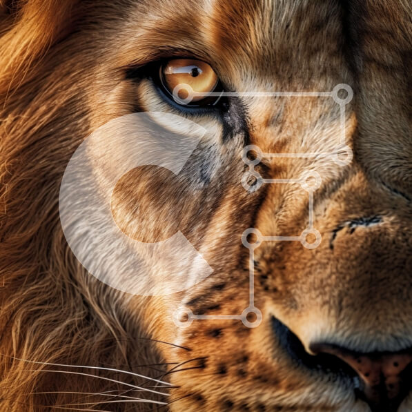 Intra Συλλεκτικό Ξύλινο Παζλ Plywood  4mm - Κοντινό πλάνο του προσώπου ενός λιονταριού με έντονα κίτρινα μάτια και γούνινη χαίτη Σε Ξύλινο Κουτί - Διαστάσεις: 10x10 cm – 25 κομμάτια