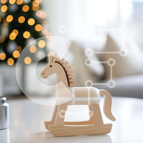 Intra Συλλεκτικό Ξύλινο Παζλ Plywood  4mm - Ξύλινο κουνιστό άλογο μπροστά από το χριστουγεννιάτικο δέντρο Σε Ξύλινο Κουτί - Διαστάσεις: 10x10 cm – 25 κομμάτια - Image 1