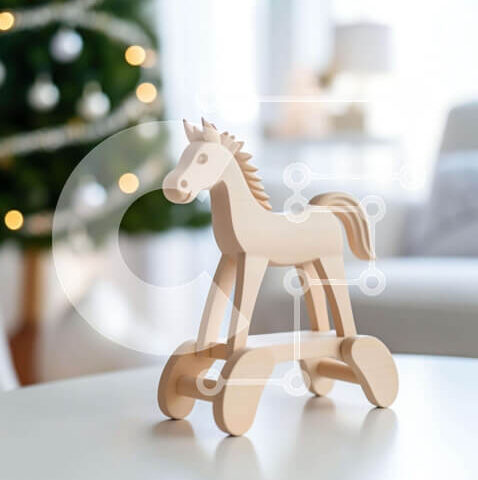 Intra Συλλεκτικό Ξύλινο Παζλ Plywood  4mm - Ξύλινο παιχνίδι άλογο μπροστά από το χριστουγεννιάτικο δέντρο Σε Ξύλινο Κουτί - Διαστάσεις: 10x10 cm – 25 κομμάτια - Image 1