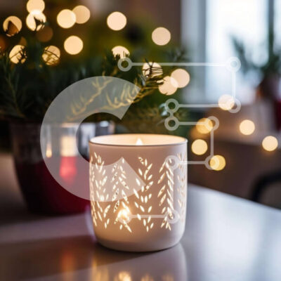 Intra Συλλεκτικό Ξύλινο Παζλ Plywood  4mm - Λευκό κερί σε διακοσμημένο τραπέζι με χριστουγεννιάτικο δέντρο στο φόντο Σε Ξύλινο Κουτί - Διαστάσεις: 10x10 cm – 25 κομμάτια - Image 1