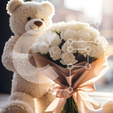 Intra Συλλεκτικό Ξύλινο Παζλ Plywood 4mm - Λευκό αρκουδάκι με λευκά τριαντάφυλλα Σε Ξύλινο Κουτί - Διαστάσεις Puzzle: 10x10 cm – 25 κομμάτια - Image 1