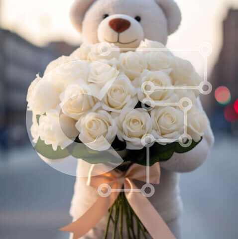 Intra Συλλεκτικό Ξύλινο Παζλ Plywood  4mm - Αρκουδάκι που κρατά λευκά τριαντάφυλλα σε έναν δρόμο Σε Ξύλινο Κουτί - Διαστάσεις Puzzle: 10x10 cm – 25 κομμάτια - Image 1