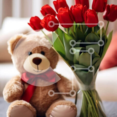 Intra Συλλεκτικό Ξύλινο Παζλ Plywood  4mm - Αρκουδάκι και κόκκινες τουλίπες σε ένα τραπέζι Σε Ξύλινο Κουτί - Διαστάσεις Puzzle: 10x10 cm – 25 κομμάτια - Image 1