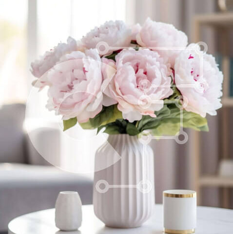 Intra Συλλεκτικό Ξύλινο Παζλ Plywood  4mm - Ροζ τριαντάφυλλα σε λευκό βάζο στο τέλος του τραπεζιού του σαλονιού Σε Ξύλινο Κουτί - Διαστάσεις Puzzle: 10x10 cm – 25 κομμάτια - Image 1