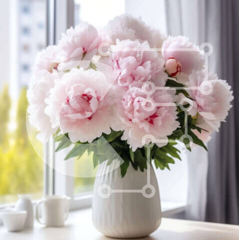 Intra Συλλεκτικό Ξύλινο Παζλ Plywood 4mm - Ροζ παιώνιες σε λευκό βάζο με ανοιχτό παράθυρο Σε Ξύλινο Κουτί - Διαστάσεις Puzzle: 10x10 cm – 25 κομμάτια - Image 1