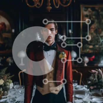 Intra Συλλεκτικό Ξύλινο Παζλ Plywood  4mm - Κόκκινο σμόκιν σε μια τραπεζαρία - επαγγελματική φωτογραφία αρχείου Σε Ξύλινο Κουτί - Διαστάσεις Puzzle: 10x10 cm – 25 κομμάτια - Image 1