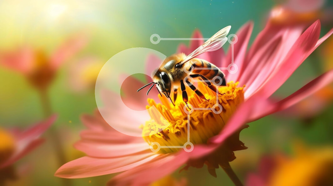 Intra Συλλεκτικό Ξύλινο Παζλ Plywood  4mm - Μέλισσα σε ροζ λουλούδι με έντονο φως του ήλιου Σε Ξύλινο Κουτί - Διαστάσεις: 10x10 cm – 25 κομμάτια