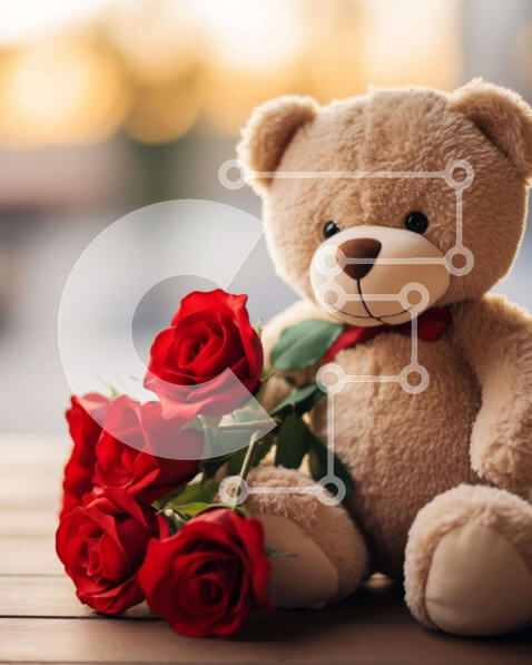 Intra Συλλεκτικό Ξύλινο Παζλ Plywood  4mm - Καφέ αρκουδάκι με κόκκινα τριαντάφυλλα στο τραπέζι Σε Ξύλινο Κουτί - Διαστάσεις Puzzle: 10x10 cm – 25 κομμάτια