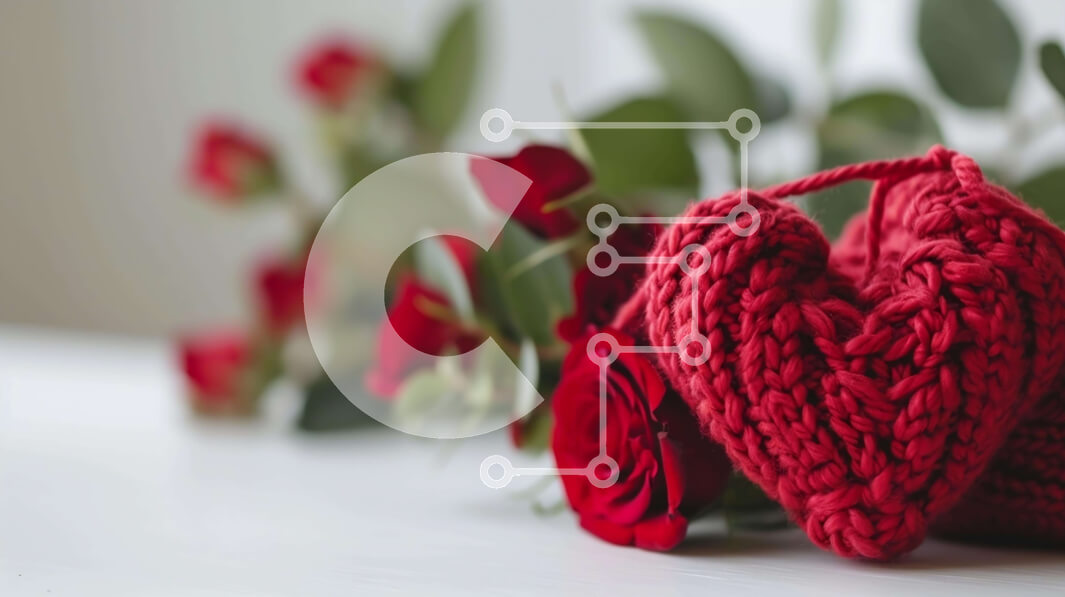 Intra Συλλεκτικό Ξύλινο Παζλ Plywood  4mm - Ρομαντικά κόκκινα πλεκτά πουλόβερ σε σχήμα καρδιάς και τριαντάφυλλα στο τραπέζι Σε Ξύλινο Κουτί - Διαστάσεις Puzzle: 10x10 cm – 25 κομμάτια