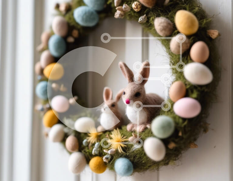 Intra Συλλεκτικό Ξύλινο Παζλ Plywood  4mm - Πασχαλινό στεφάνι με κουνελάκια και πολύχρωμα αυγά Σε Ξύλινο Κουτί - Διαστάσεις: 10x10 cm – 25 κομμάτια