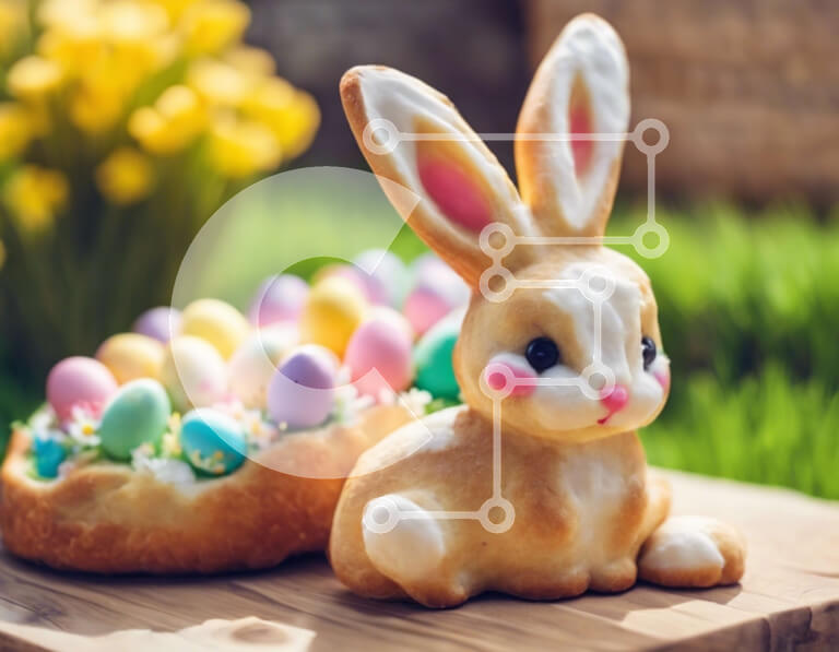 Intra Συλλεκτικό Ξύλινο Παζλ Plywood  4mm - Πασχαλινό λαγουδάκι και πολύχρωμα αυγά σε ξύλινο τραπέζι Σε Ξύλινο Κουτί - Διαστάσεις: 10x10 cm – 25 κομμάτια