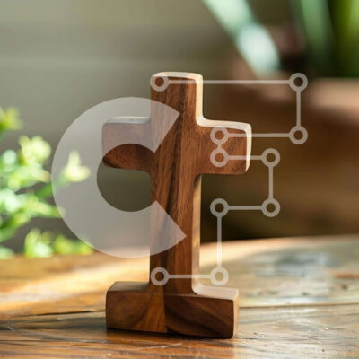 Intra Συλλεκτικό Ξύλινο Παζλ Plywood 4mm - Ξύλινος Σταυρός σε Δρύινο Τραπέζι με Φυτό σε Γλάστρα Σε Ξύλινο Κουτί - Διαστάσεις Puzzle: 10x10 cm – 25 κομμάτια - Image 1