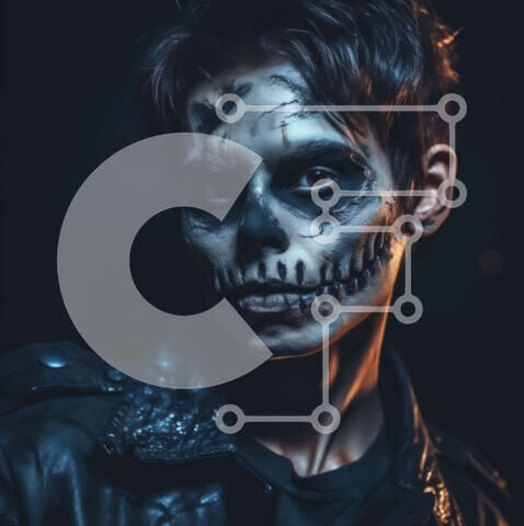 Intra Συλλεκτικό Ξύλινο Παζλ Plywood  4mm - Σοβαρό πορτρέτο ενός νεαρού άνδρα με σκελετό μακιγιάζ Σε Ξύλινο Κουτί - Διαστάσεις Puzzle: 10x10 cm – 25 κομμάτια - Image 1