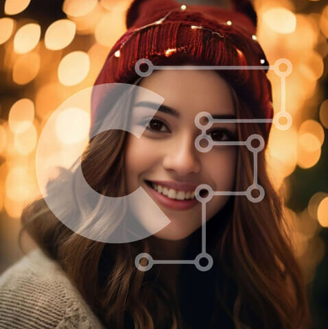 Intra Συλλεκτικό Ξύλινο Παζλ Plywood  4mm - Νεαρή γυναίκα με σγουρά μαλλιά και κόκκινη κουκούλα μπροστά στα πολύχρωμα φώτα Σε Ξύλινο Κουτί - Διαστάσεις Puzzle: 10x10 cm – 25 κομμάτια - Image 1