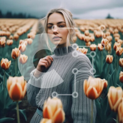 Intra Συλλεκτικό Ξύλινο Παζλ Plywood  4mm - Εκπληκτική φωτογραφία μιας γυναίκας ανάμεσα στο χωράφι με τουλίπα που φοράει γκρι πουλόβερ Σε Ξύλινο Κουτί - Διαστάσεις: 10x10 cm – 25 κομμάτια - Image 1