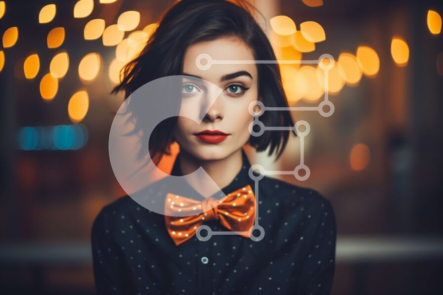 Intra Συλλεκτικό Ξύλινο Παζλ Plywood  4mm - Σοβαρή νεαρή γυναίκα με μαύρο πουκάμισο και πορτοκαλί παπιγιόν Σε Ξύλινο Κουτί - Διαστάσεις Puzzle: 10x10 cm – 25 κομμάτια