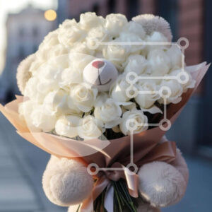 Intra Συλλεκτικό Ξύλινο Παζλ Plywood  4mm - Μπουκέτο αρκουδάκι με λευκά τριαντάφυλλα Σε Ξύλινο Κουτί - Διαστάσεις Puzzle: 10x10 cm – 25 κομμάτια