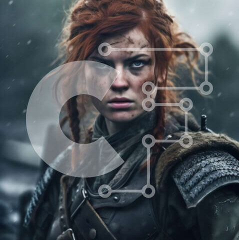 Intra Συλλεκτικό Ξύλινο Παζλ Plywood 4mm - Ατρόμητη κοκκινομάλλα πολεμίστρια με πανοπλία με σπαθί στο σκοτεινό δάσος Σε Ξύλινο Κουτί - Διαστάσεις Puzzle: 10x10 cm – 25 κομμάτια - Image 1