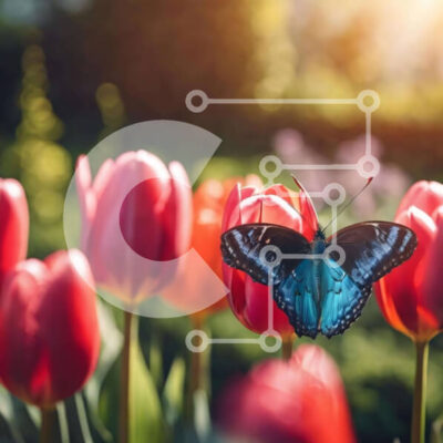 Intra Συλλεκτικό Ξύλινο Παζλ Plywood  4mm - Μπλε πεταλούδα στις κόκκινες τουλίπες στο φως του ήλιου Σε Ξύλινο Κουτί - Διαστάσεις: 10x10 cm – 25 κομμάτια - Image 1