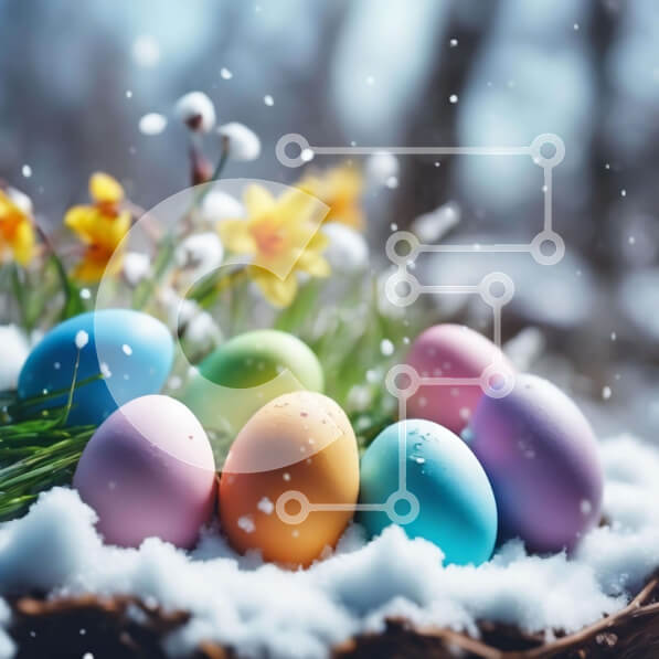 Intra Συλλεκτικό Ξύλινο Παζλ Plywood  4mm - Εορταστικά Πασχαλινά αυγά στο χιόνι με λουλούδια Σε Ξύλινο Κουτί - Διαστάσεις Puzzle: 10x10 cm – 25 κομμάτια