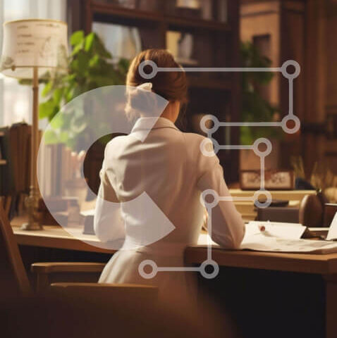 Intra Συλλεκτικό Ξύλινο Παζλ Plywood 4mm - Γυναίκα που κάθεται στο γραφείο με βιβλία και αντικείμενα Σε Ξύλινο Κουτί - Διαστάσεις Puzzle: 10x10 cm – 25 κομμάτια - Image 1