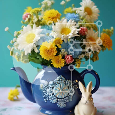 Intra Συλλεκτικό Ξύλινο Παζλ Plywood 4mm - Μπλε τσαγιέρα με ανοιξιάτικα λουλούδια και ειδώλιο λαγουδάκι Σε Ξύλινο Κουτί - Διαστάσεις Puzzle: 10x10 cm – 25 κομμάτια - Image 1